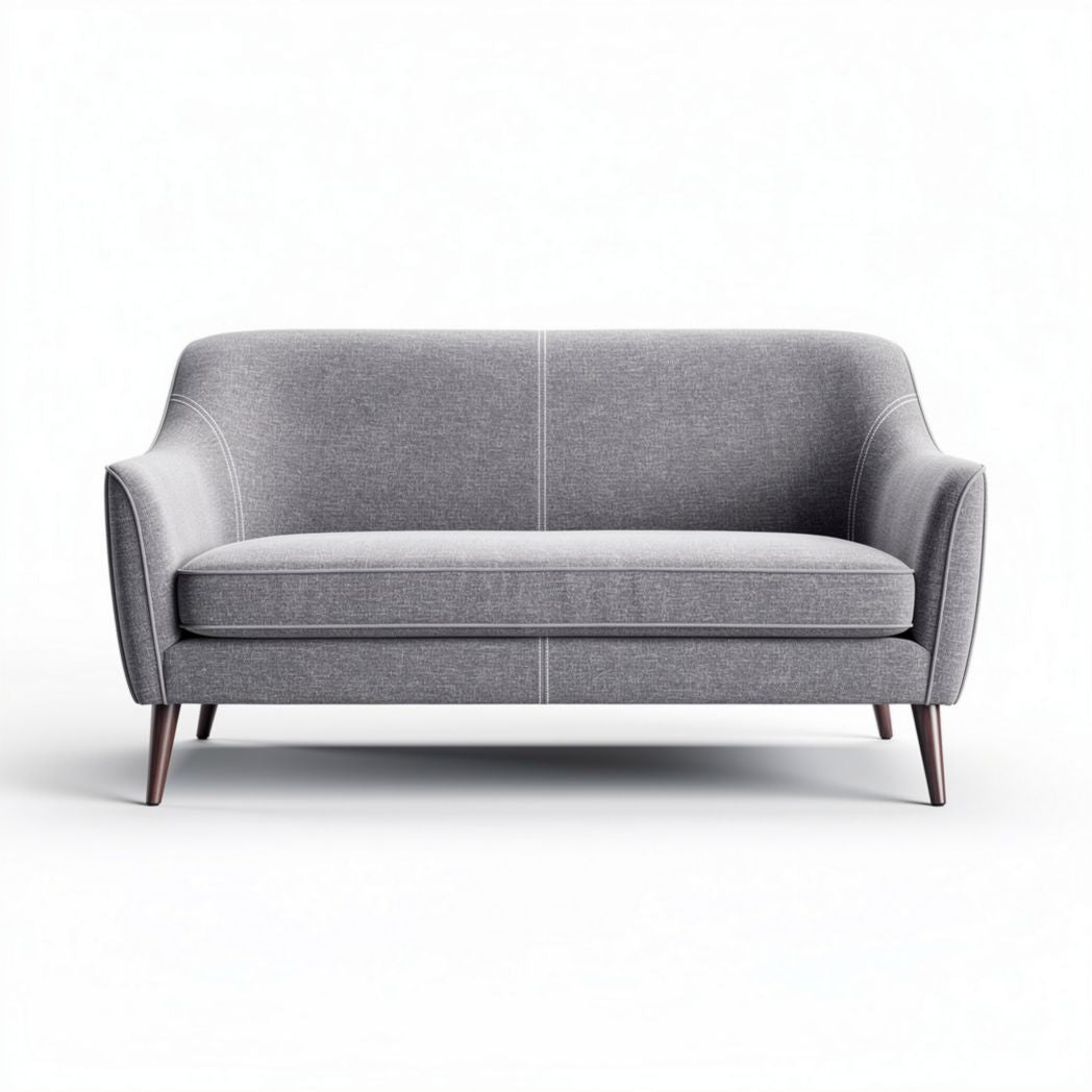 Divano grigio in tessuto con dimensioni di circa 150 x 80 x 70cm