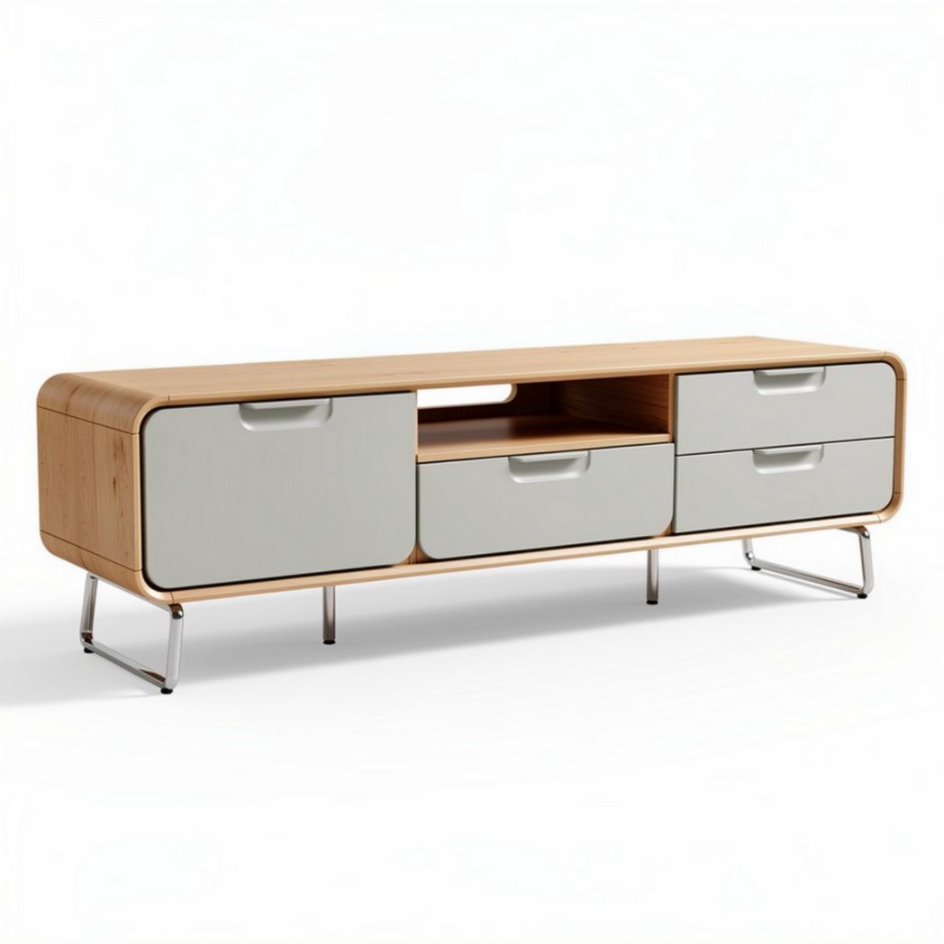 Mobile porta TV in legno e metallo con cassetti bianchi 150 x 40 x 50cm