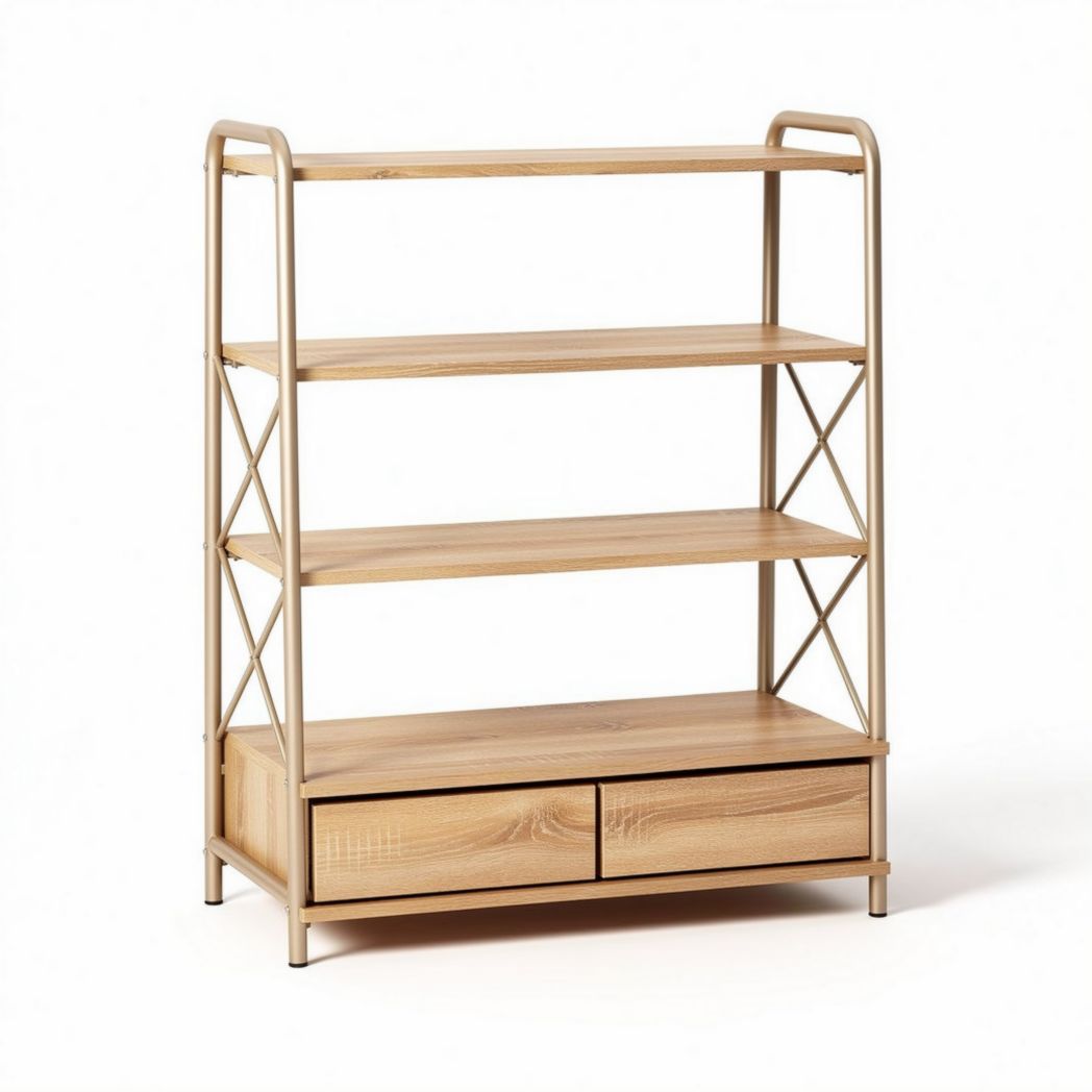 Mobile a scaffale in legno e metallo con due cassetti 80 x 30 x 120 cm