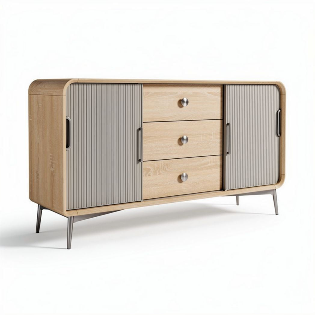 Mobiletto in legno chiaro con ante scorrevoli e tre cassetti 150 x 45 x 80cm
