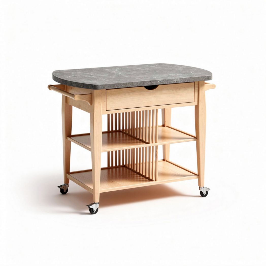 Carrello da cucina in legno con piano in marmo e ruote 80 x 50 x 85cm