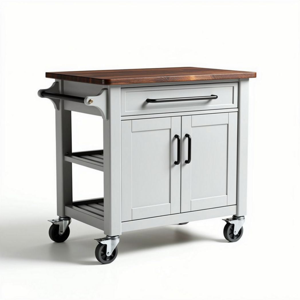 Carrello da cucina in legno e metallo color grigio con ruote 90 x 50 x 85cm