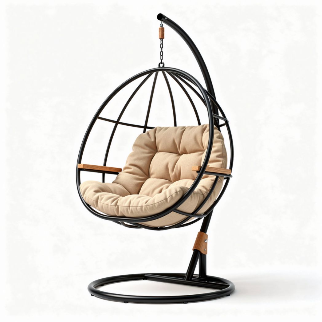 Poltrona sospesa in metallo nero cuscino beige 85 x 85 x 115cm