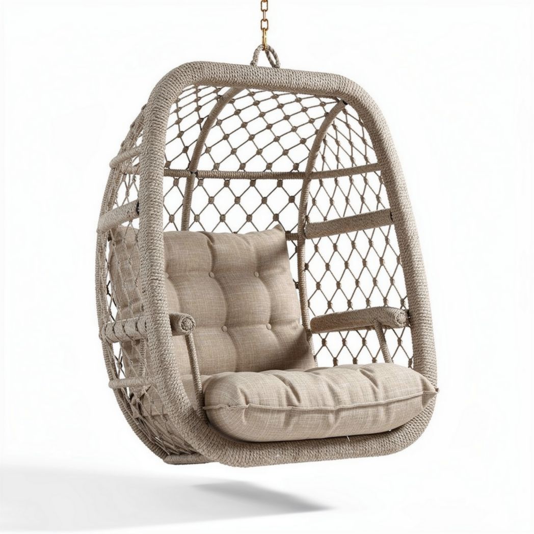 Amaca sospesa in rattan con cuscino beige dimensioni 80 x 60 x 100cm