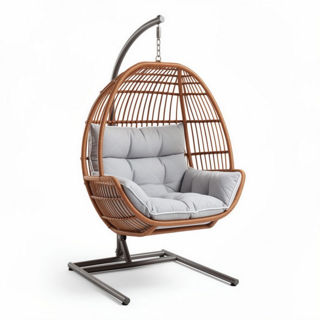 Poltrona a sospensione in rattan sintetico con cuscini grigi 100 x 80 x 120cm