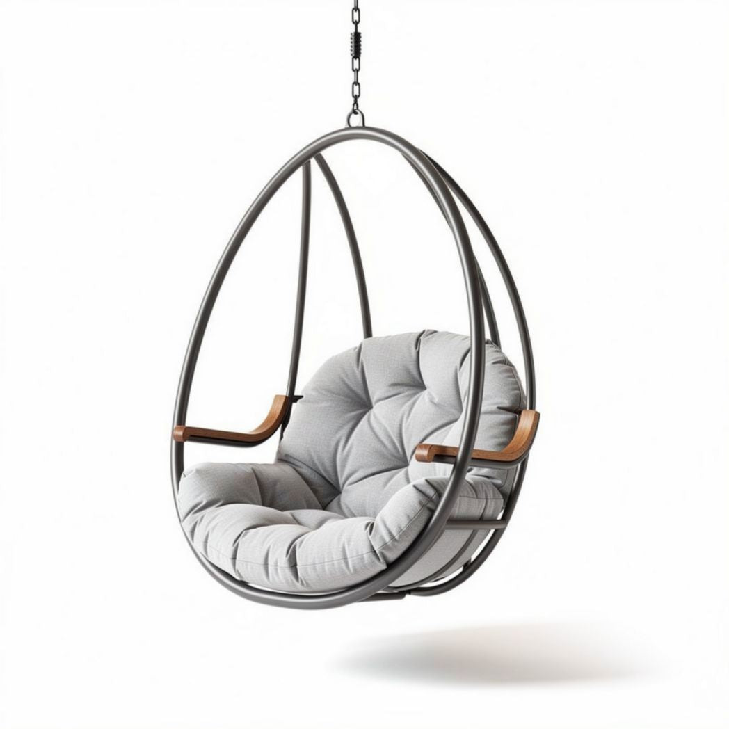 sedia a dondolo sospesa in metallo grigio con cuscino imbottito grigio chiaro e braccioli in legnoDimensioni 80 x 80 x 120cm